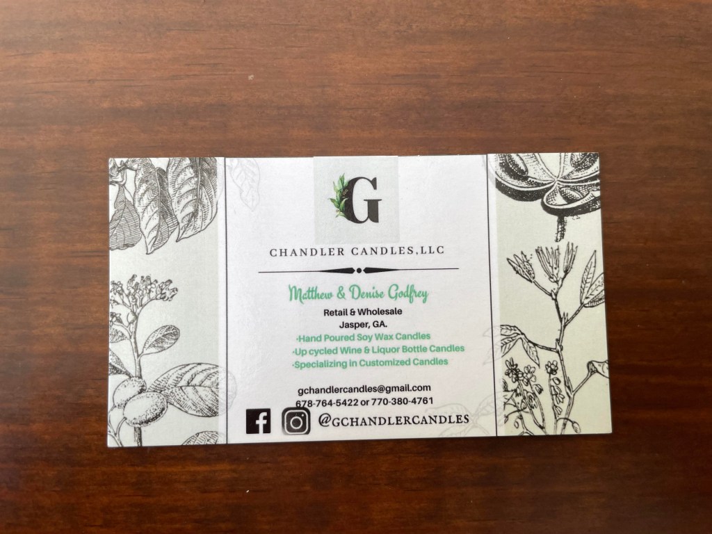 The business card for Chandler Candles LLC