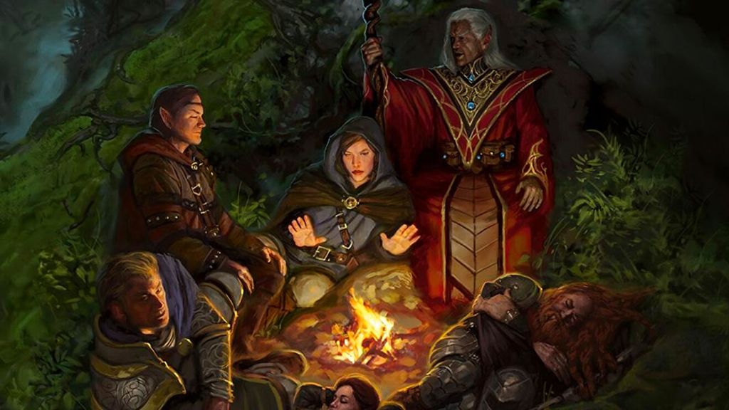 Adventurers of a DND party around the campfire telling stories about their day.