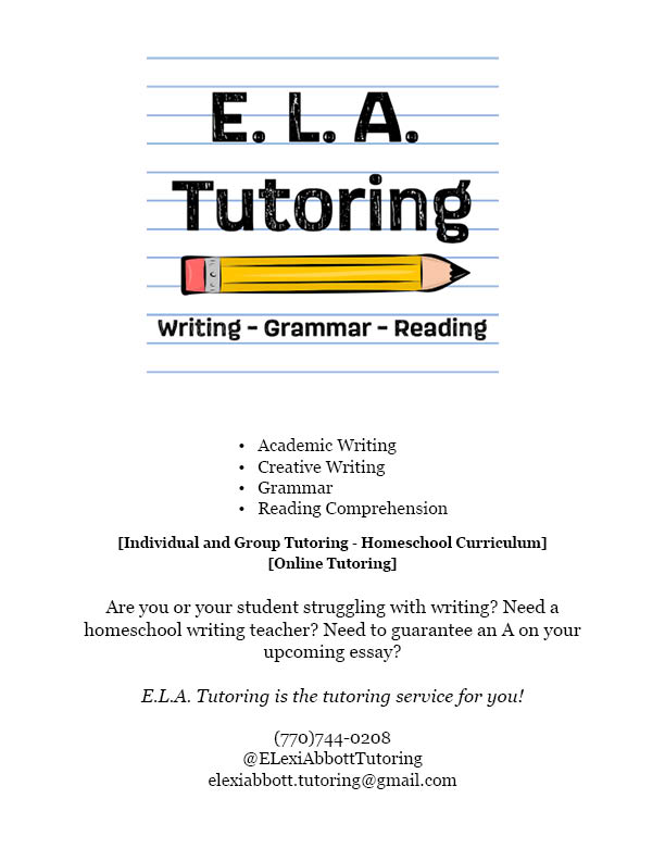 A flyer for ELA tutoring with E. Lexi Abbott.