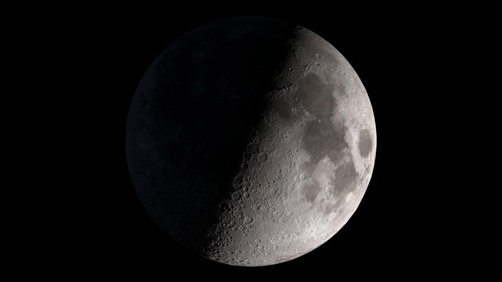 Detailed image of the moon halfway through monthly phase.